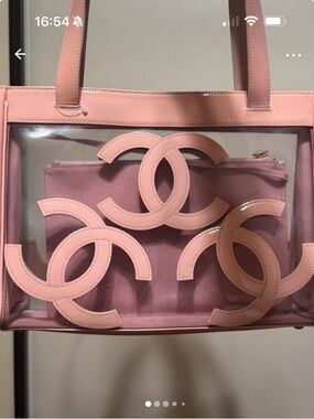 CHANEL Pink Clear Vinyl Triple CC Tote with Matching Pouch